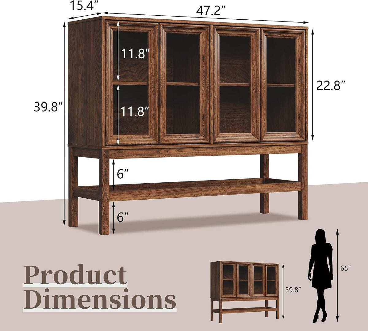 Large Handcrafted Sideboard Cabinet With Clear Glass