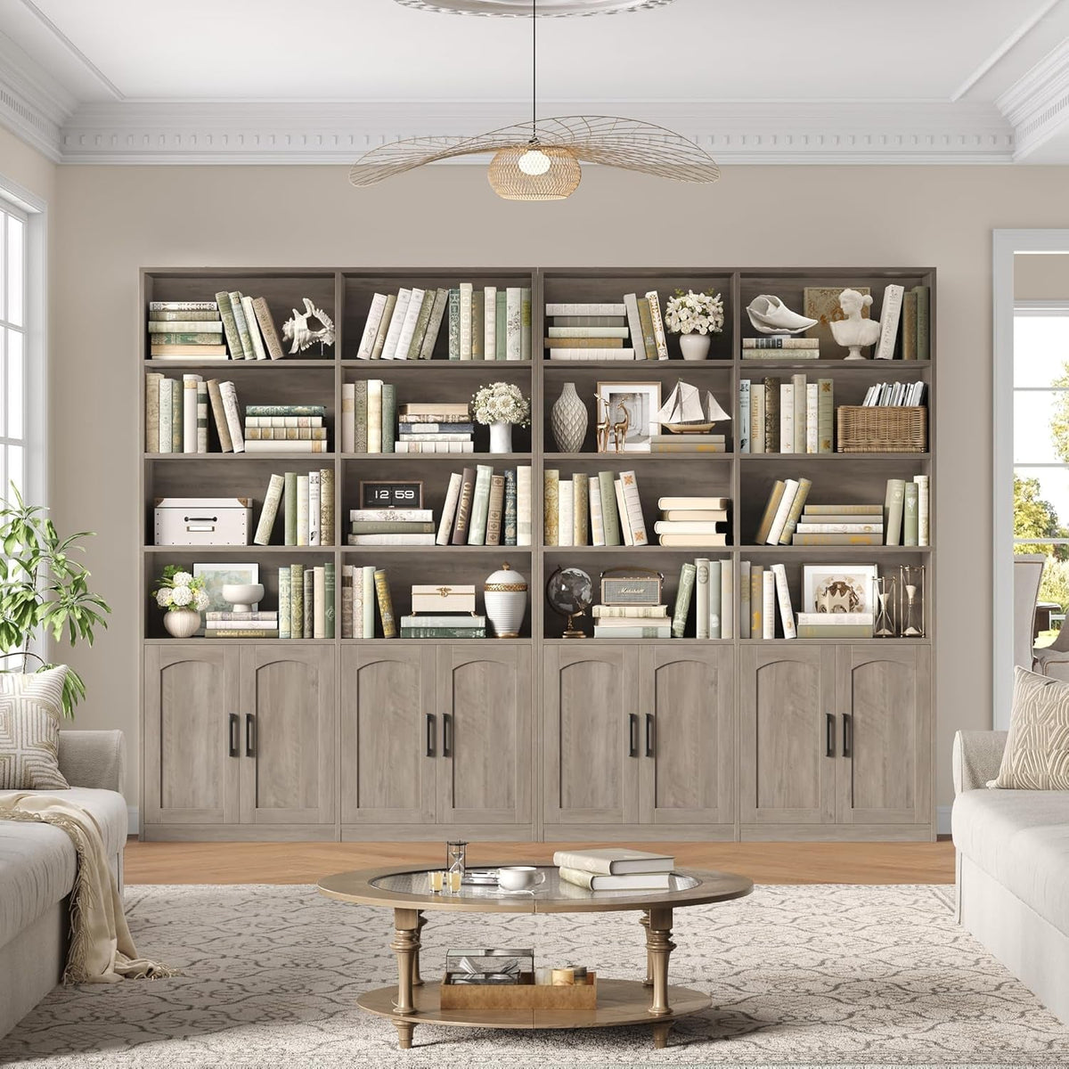 Washed Gray Tall BookcaseUnit With Storage Cabinets