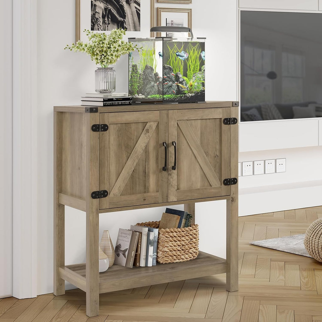Rustic Brown Console Table With Storage Cabinets