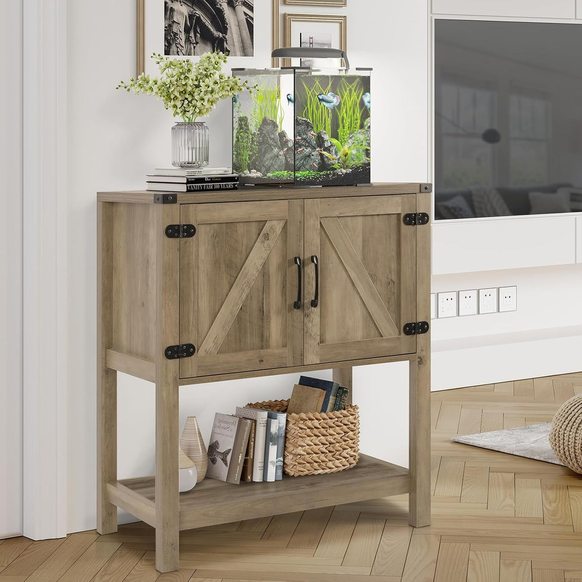 Rustic Brown Console Table With Storage Cabinets