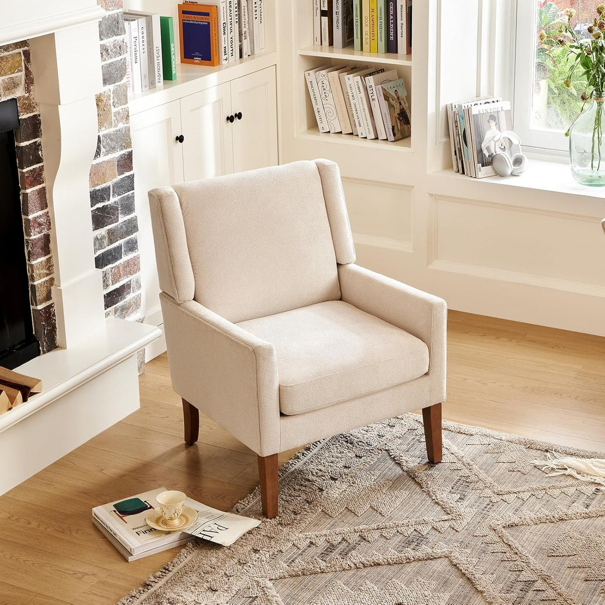Beige Chenille Upholstered Wingback Chair With Wood