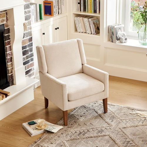 Beige Chenille Upholstered Wingback Chair With Wood