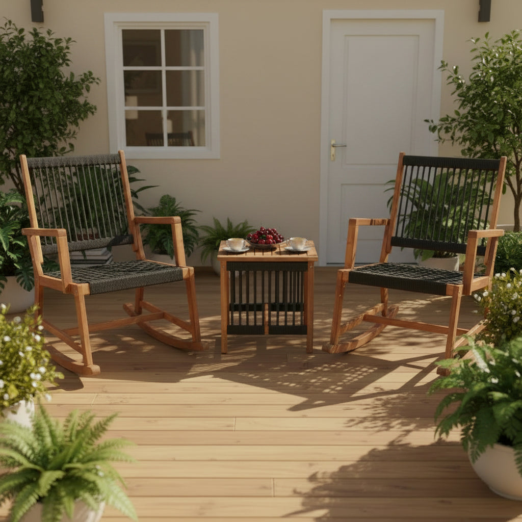 3 Piece Outdoor Wood Patio Furniture Rocking Chair Table Bistro Set