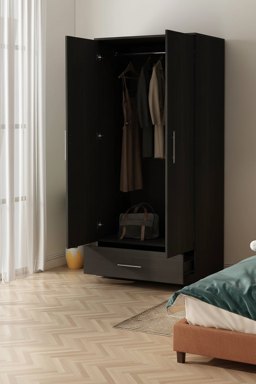 Modern Armoire Wardrobe Closet Cabinet with Storage Drawer in Black Wood Finish