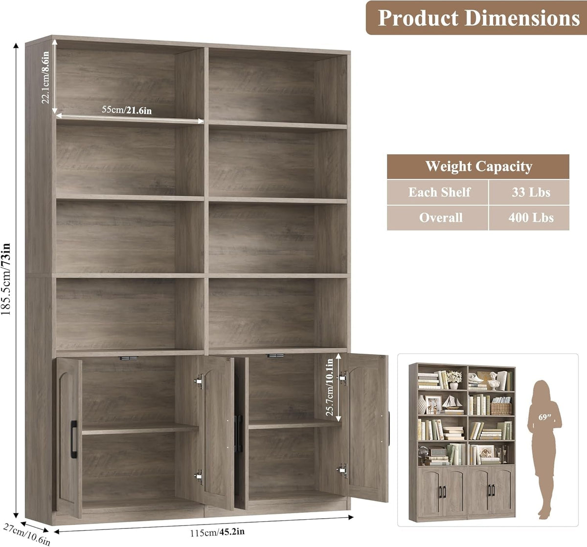 Washed Gray Tall BookcaseUnit With Storage Cabinets