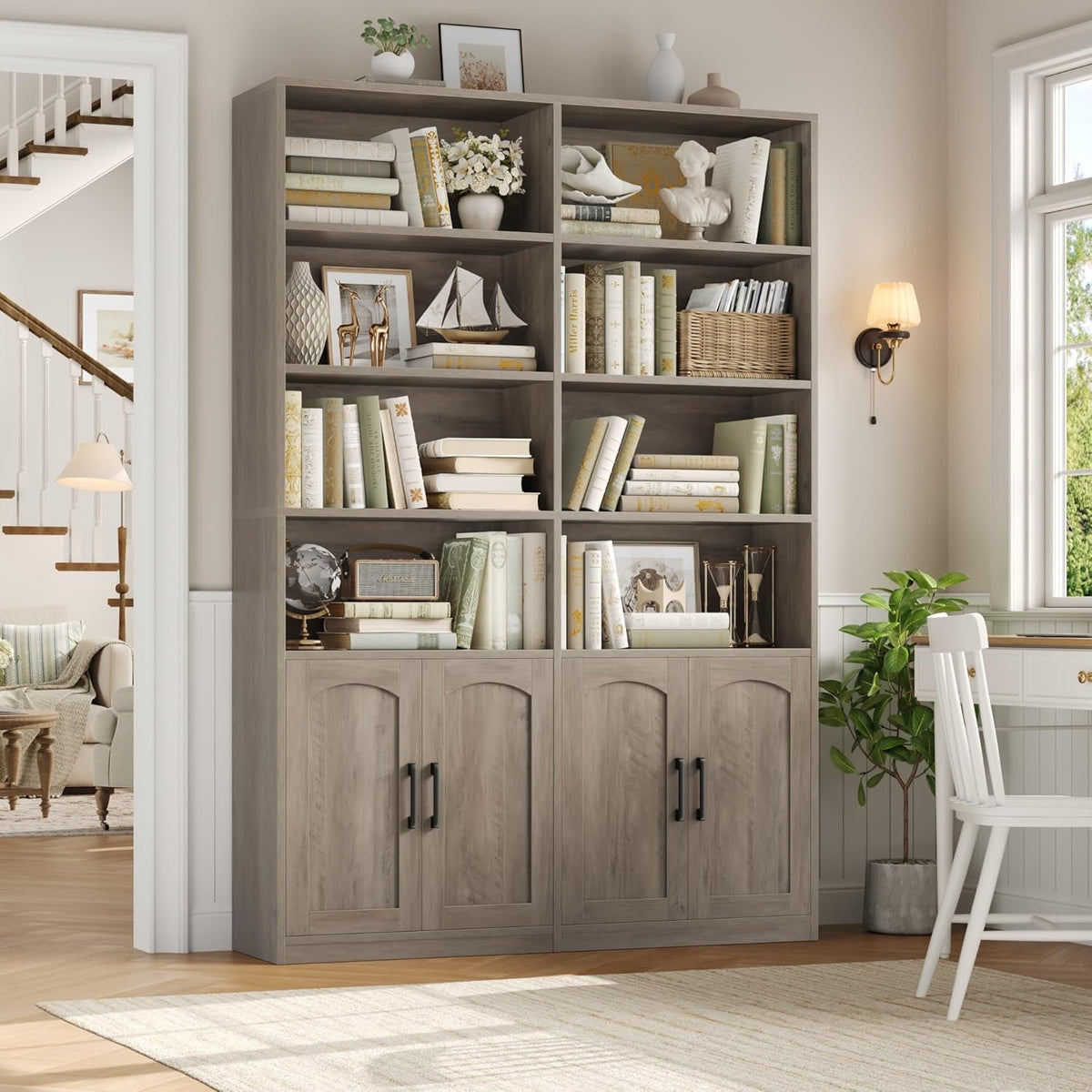 Washed Gray Tall BookcaseUnit With Storage Cabinets